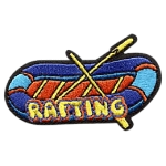 A blue raft with the word Rafting printed on it.