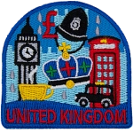 The words United Kingdom are underneath a myriad of British-themed symbols.