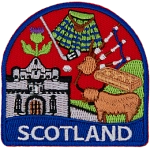 This patch displays a wide variety of Scottish culture including: a yak, a castle, a golf club and ball, a kilt and bagpipes.