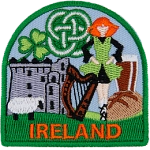 This patch displays a wide variety of Irish culture, including a highland dancer, Trim Castle, a sheep, a shamrock, and a Celtic knot.