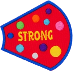 The word Strong is surrounded by multicolour polka-dots on a red background.