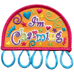 The words I'm Charming surrounded by hearts, stars, and swirls. Five loops at the base for charms.