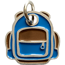 This metal charm is shaped like a backpack with a big front pocket and two side pockets.
