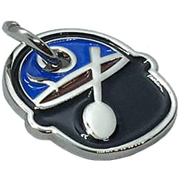 A black pot with a silver spoon. The pot's handle is upright so that it looks as if the ring is holding it up by the handle.