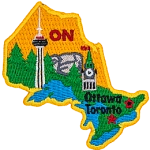 This patch is in the shape of the Canadian province of Ontario decorated by the Canadian Shield, a forest, a great lake, the parliament building and the CN Tower.