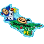 This patch is in the shape of the Canadian province of Prince Edward Island. A potato, lighthouse, wide-brim straw hat, and golf club are all displayed as well as the location of Charlottetown.