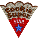The words Cookie Super Star are on a slice of a cookie with red icing and a blue star.