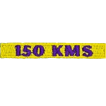 The number 150 KMS are stitched in purple on a yellow background.