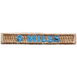 The number 9 Miles are stitched in blue on a brown rectangle.