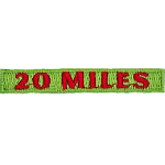 The number 20 Miles are stitched in red on a green background.