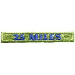 The number 25 Miles are stitched in blue on a green rectangle.
