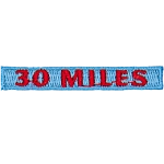 The number 30 Miles are stitched in red over a light blue background.