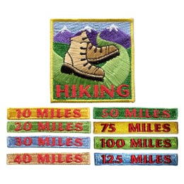 A large patch with hiking boots and eight smaller patches with different numbers of miles stitched on them.