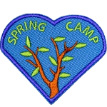 Two tree branches beginning to bud. The words Spring Camp are embroidered above them.