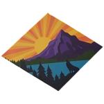 a sun bursts over top the mountain with a lake nearby and spruce trees in the foreground
