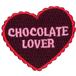 The words Chocolate Lover are stitched inside a red heart.