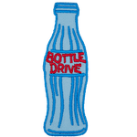 A blue bottle meant to resemble a glass bottle with the words Bottle Drive in red as the label.