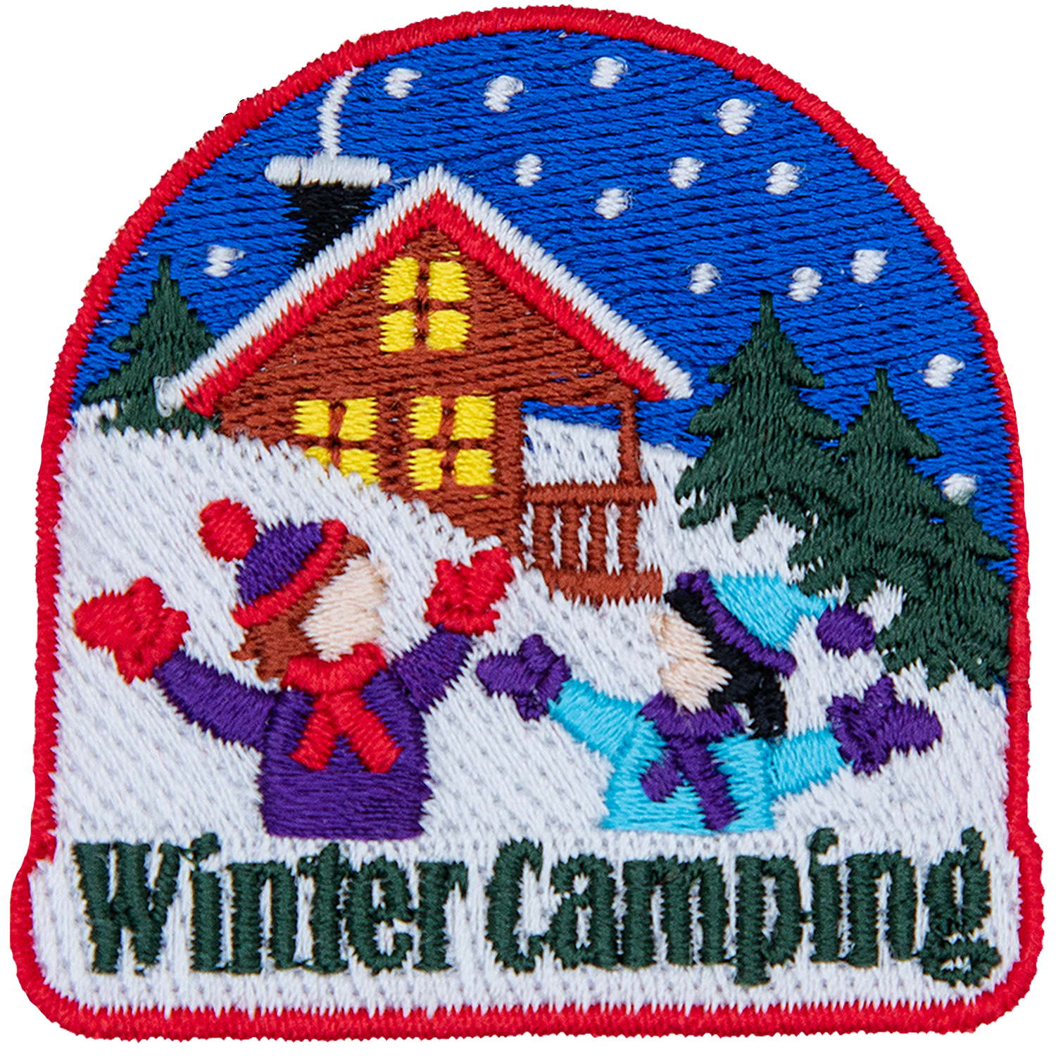 A cabin is nestled amongst snowy hills as kids frolic in the snow during winter camping.