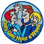 The words Only One Hour A Week are stitched under a laughing scout, guide and parent.