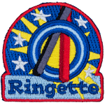 Two ringette sticks hold a ring above the word Ringette.