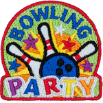 A bowling ball hits three pins in an array of stars. BOWLING PARTY are stitched above and below.