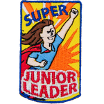 A person in a red cape and blue shirt with their fist raised. The words Super Junior Leader are above and below.