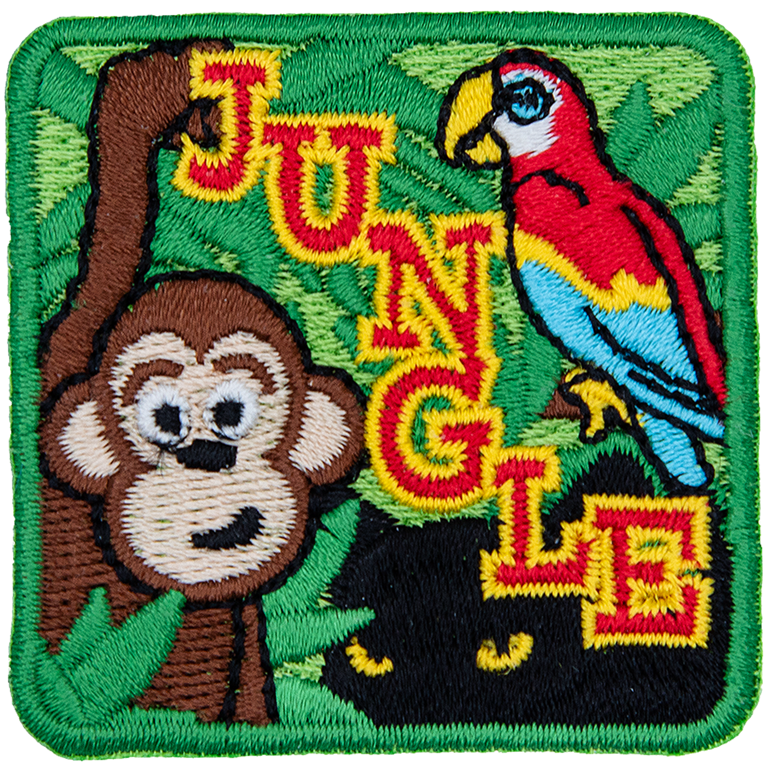 A monkey, parrot, and panther are hiding in jungle foliage. The word Jungle is stitched diagonally down the middle.
