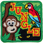 A monkey, parrot, and panther are hiding in jungle foliage. The word Jungle is stitched diagonally down the middle.