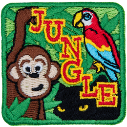 A monkey, parrot, and panther are hiding in jungle foliage. The word Jungle is stitched diagonally down the middle.