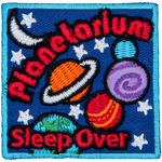 The words Planetarium Sleepover are in a galaxy full of stars and planets.