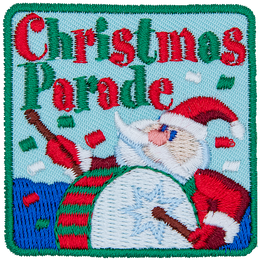The words Christmas Parade are above a Santa Claus banging a drum.