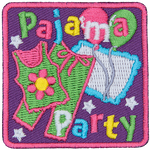 Green pyjamas and a white blanket with two balloons above it. The words Pajama Party are on the top and bottom of the patch.