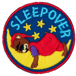 A teddy bear in red pyjamas sleeps on a crescent moon under the word Sleepover.