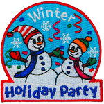 Two smiling snowpeople with scarfs, mittens and hats are in a snowglobe-shaped patch. The words Winter Holiday Party are above and below them.