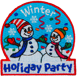 Two smiling snowpeople with scarfs, mittens and hats are in a snowglobe-shaped patch. The words Winter Holiday Party are above and below them.