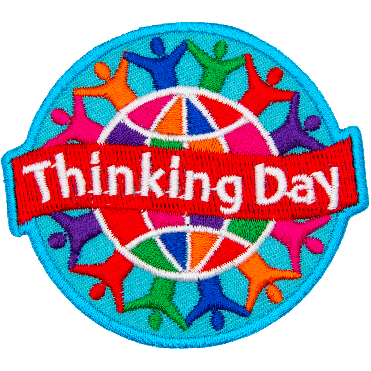 A colourful globe is circled by rainbow-coloured people holding hands. A banner that says Thinking Day is across the middle.