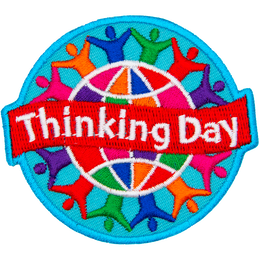 A colourful globe is circled by rainbow-coloured people holding hands. A banner that says Thinking Day is across the middle.