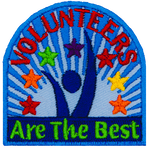 Volunteers Are The Best frame a cheering abstract person. Multicoloured stars arch around them.