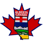 The Alberta provincial crest sits on a large maple leaf to represent Canada.