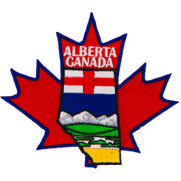 The Alberta provincial crest sits on a large maple leaf to represent Canada.