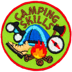 A variety of camping skills are displayed, such as campfire building, axe skills, and navigation.