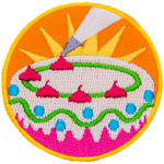The top of a cake is decorated by a floating icing bag. 