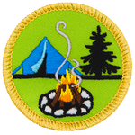A blue tent beside a conifer in front of a burning fire. All on a light green background.