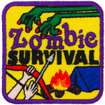 A Zombie's arms reach towards a camper. Between them is the text Zombie Survival.