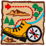 A map with a dotted path, a hiking boot and a compass.