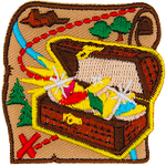 A treasure map with an open treasure chest on it. Inside the chest are gemstones and gold coins.