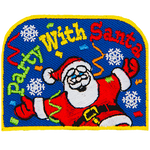 Santa, with his arms, spread wide, is surrounded by confetti. The words Party With Santa are in an arc above him.