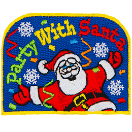 Santa, with his arms, spread wide, is surrounded by confetti. The words Party With Santa are in an arc above him.