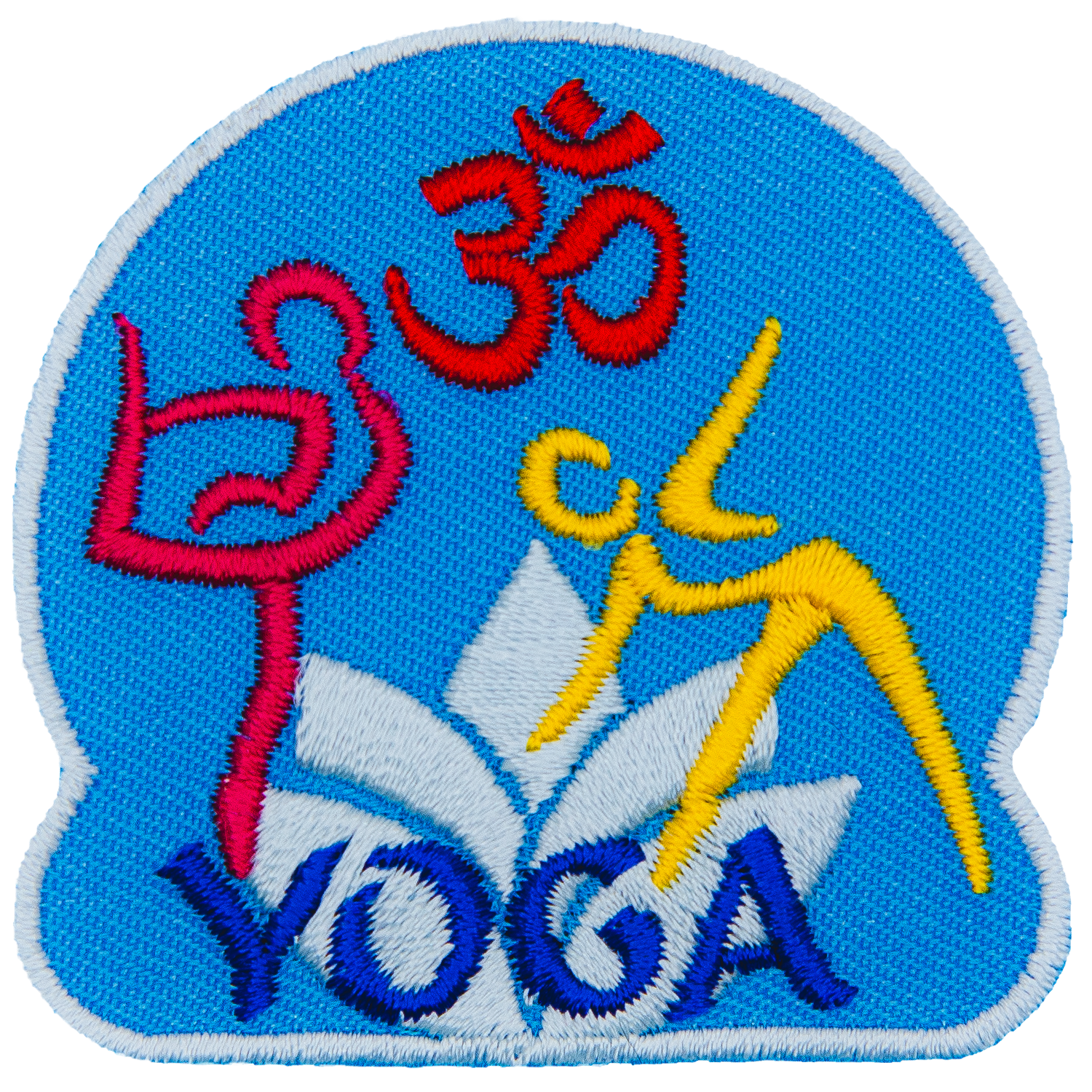 Three figures doing yoga are around the word Yoga and a white lotus.