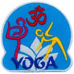 Three figures doing yoga are around the word Yoga and a white lotus.